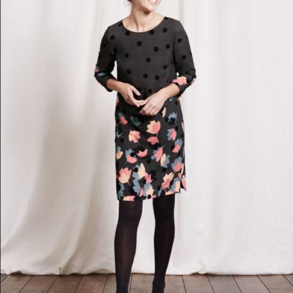Boden Black Polka Dot & Floral Shift Dress with Pink and Blue Accents